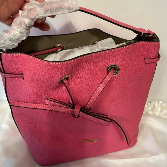 Furla Costanza Drawstring Bucket Bag in Ortenzia ( Barbie Pink) New with tag - Picture 3 of 15